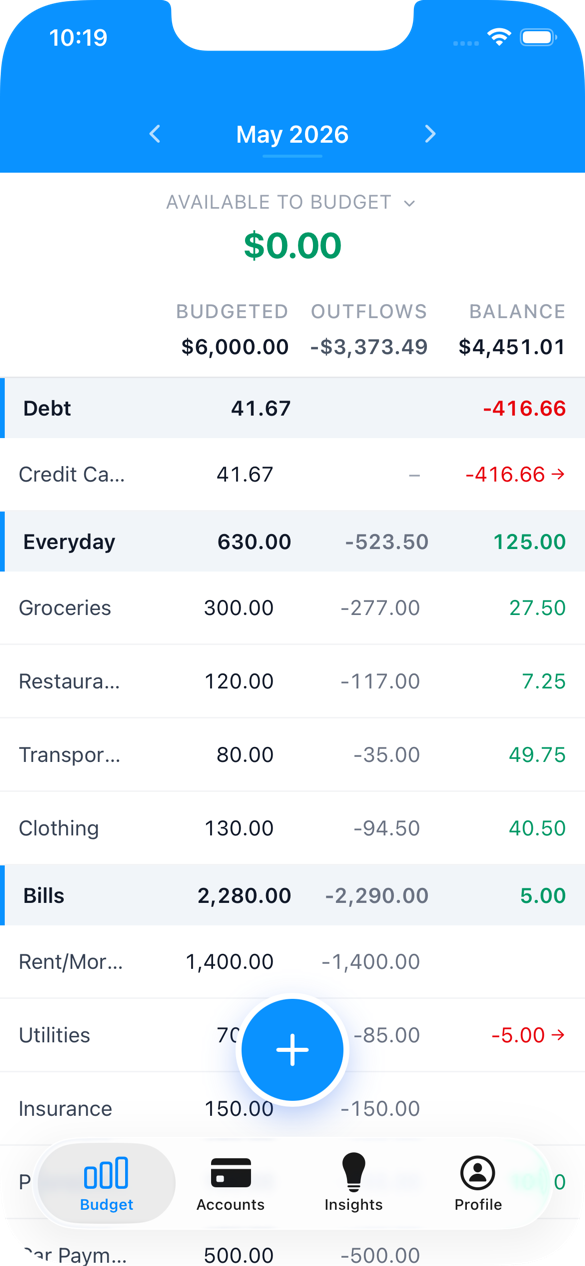 Mobile budget view with category list and progress bars