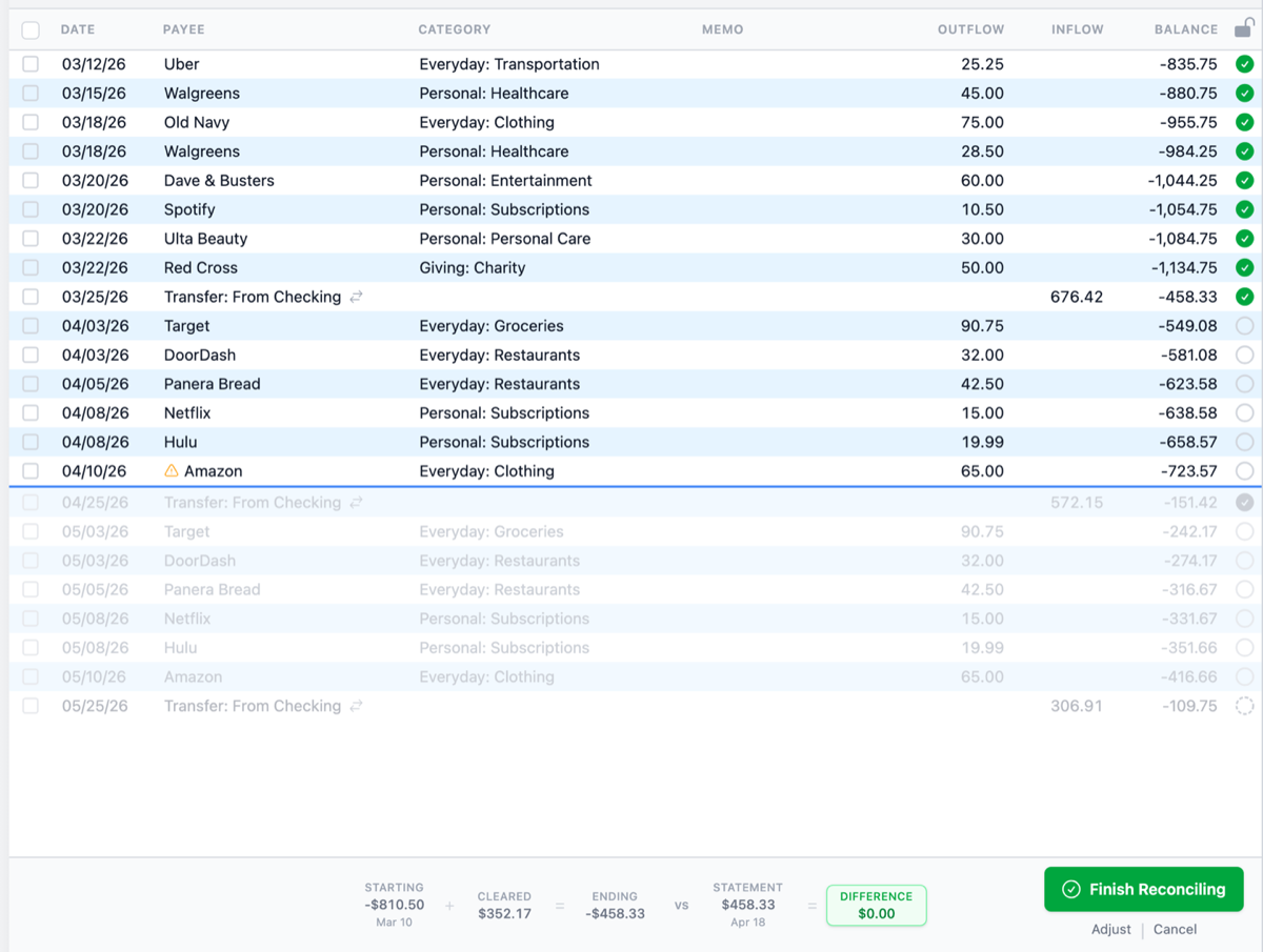 Transaction list with reconciliation bar and running balance
